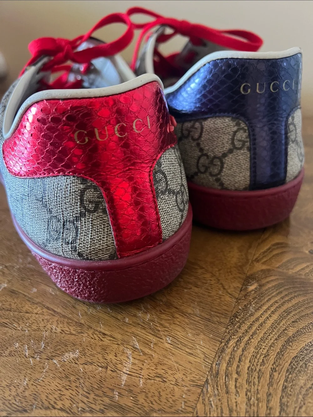 Gucci Beige GG Supreme Canvas Sneakers with Red Accents and Navy Stripe